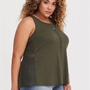 Torrid 1 Womens Olive Green Lace Inset Trim Tank Top